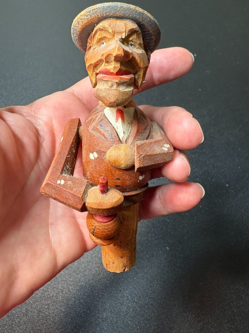 Vintage Wooden Hand Carved Mechanical Wine Bottle Stopper Man Drinking